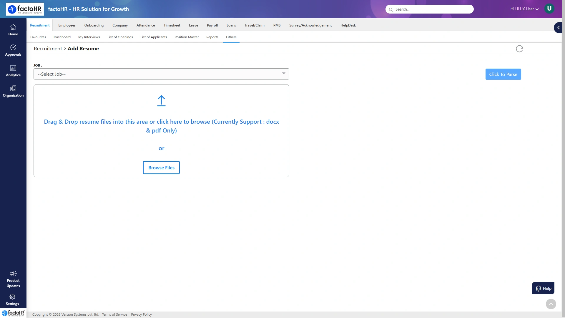 Employee onboarding screen