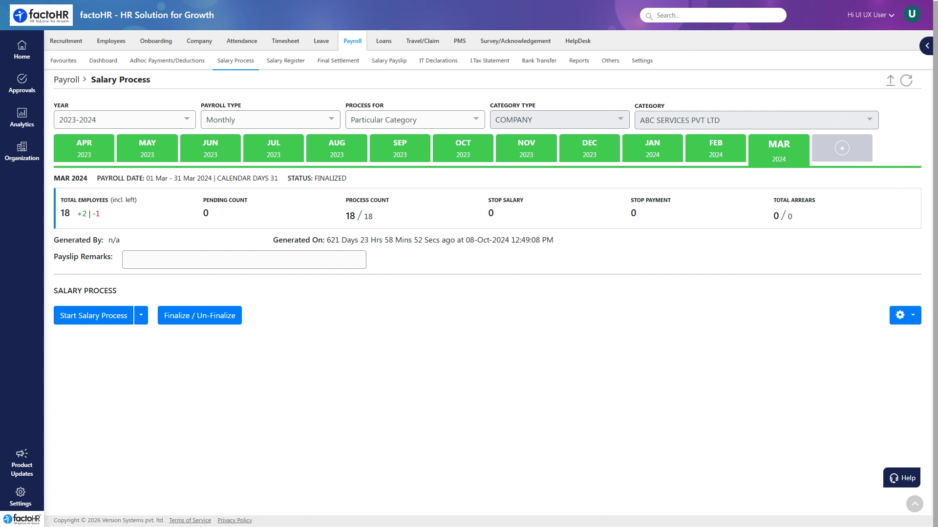 Payroll salary process screen